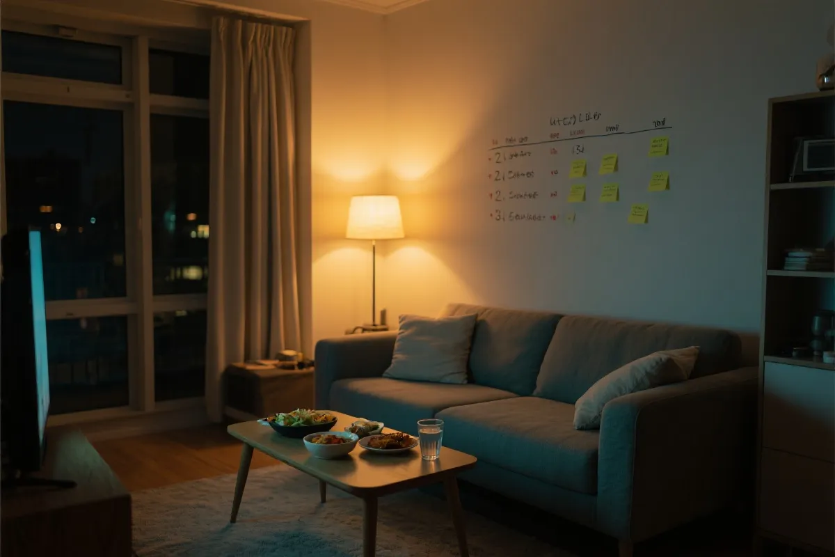 温暖灯光下的深夜客厅观赛场景：舒适沙发、桌上清淡宵夜与水杯、时间管理便签